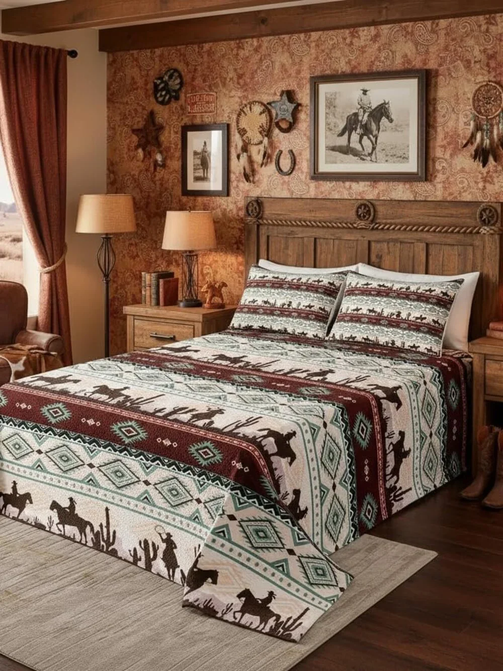 Boho Cowboy Bedding Set King Size Retro Tribal Brown Stripes Bedspread Kids Boys